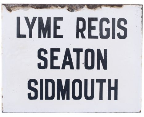London &amp; South Western Railway enamel platform indicator sign LYME REGIS SEATON SIDMOUTH. In very good condition with som