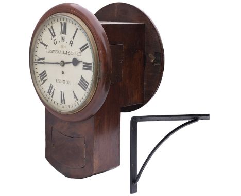 Great Northern Railway 12 inch and 14 inch mahogany cased double dial railway clock with a chain driven rectangular plated fu
