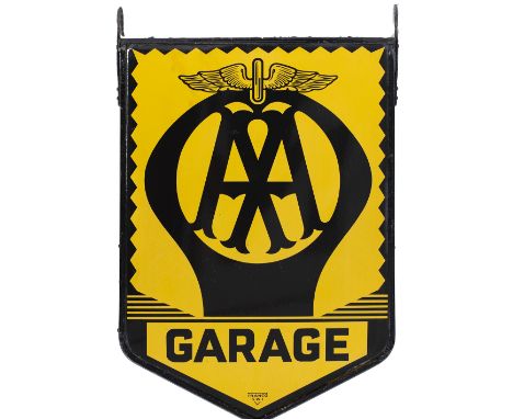 Motoring enamel sign AA GARAGE. Double sided complete with original hanging hooks. One side in very good condition, the other