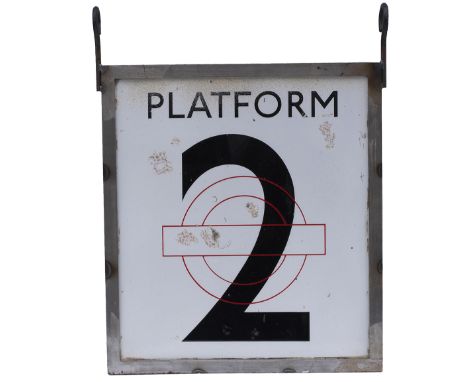 London Underground enamel station sign PLATFORM 2. Double sided and in stainless frame. Both sides are in excellent condition