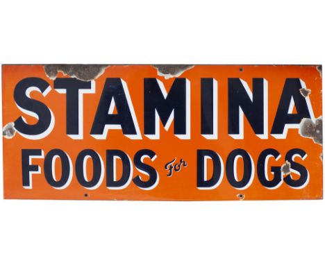 Advertising enamel sign STAMINA FOODS FOR DOGS measuring 25in x 10.5in. In good condition with some edge chipping.