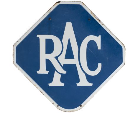 Motoring enamel sign RAC. Double sided, both sides in very good condition with minor edge chipping. Measures 18in x 18in.