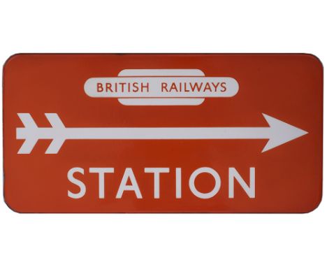 BR(NE) FF enamel station direction sign STATION with British Railways totem at the top and right facing arrow. Measures 21in 
