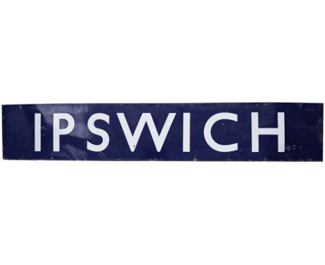BR(E) enamel railway running in board IPSWICH from the former Great Eastern Railway station between Colchester and Haughley. 