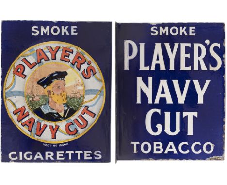 Advertising double sided enamel sign; PLAYER'S NAVY CUT CIGARETTES with image of the sailor on one side and SMOKE PLAYER'S NA