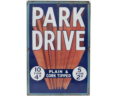 Advertising enamel sign PARK DRIVE PLAIN &amp; CORK TIPPED measuring 30in x 20in. In good condition with minor chipping.