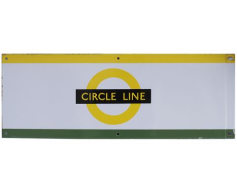 London Underground enamel station frieze sign CIRCLE LINE with District Line interchange colour bands. Measures 25in x 9in an
