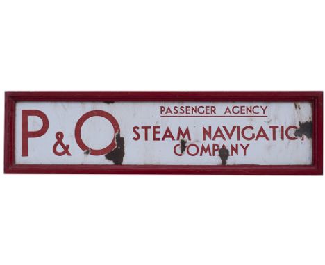 Advertising shipping enamel double sided sign PASSENGER AGENCY P &amp; O STEAM NAVIGATION COMPANY. Mounted in a wooden frame 