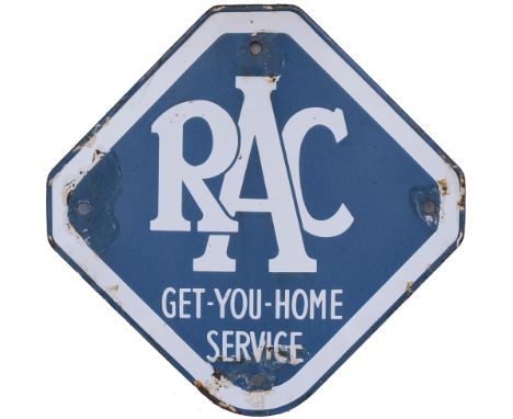 Motoring enamel sign RAC GET YOU HOME SERVICE. Measures 10.5in x 10.5in and has some chipping around all four screw holes.