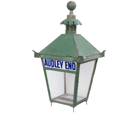Great Eastern Railway Platform Lamp with original glass lamp tablet AUDLEY END. Case is also steel plated AUDLEY END. The top