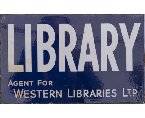 Advertising enamel sign LIBRARY AGENT FOR WESTERN LIBRARIES LTD. Double sided with wall mounting flange, measures 16in x 10in