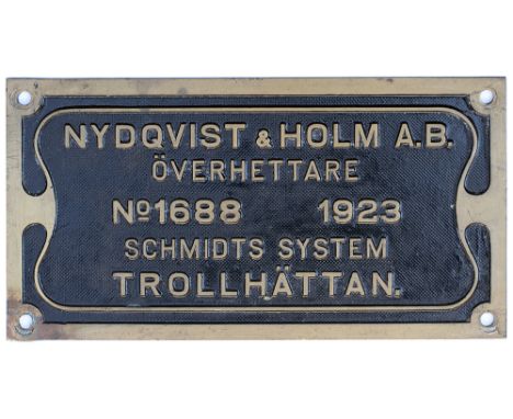 Worksplate NYDQUIST &amp; HOLM A.B. OVERHETTARE SCHMIDTS SYSTEM TROLLHATTAN No1688 1923. Ex standard gauge 2-6-2T, class J no