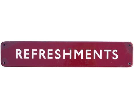BR(M) FF enamel doorplate REFRESHMENTS measuring 18in x 3.5in. In very good condition with some restoration around the corner