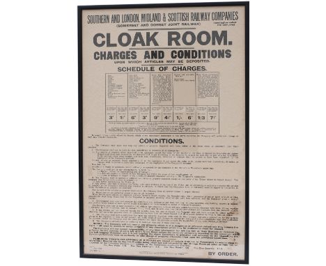 Poster SOMERSET AND DORSET JOINT RAILWAY CLOAK ROOM CHARGES AND CONDITIONS dated Bath April 1930 and printed by Waterlow &amp
