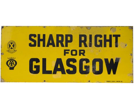 Motoring enamel sign AA and ROYAL SCOTTISH AUTOMOBILE CLUB SHARP RIGHT FOR GLASGOW. In good condition with some chipping. Mea