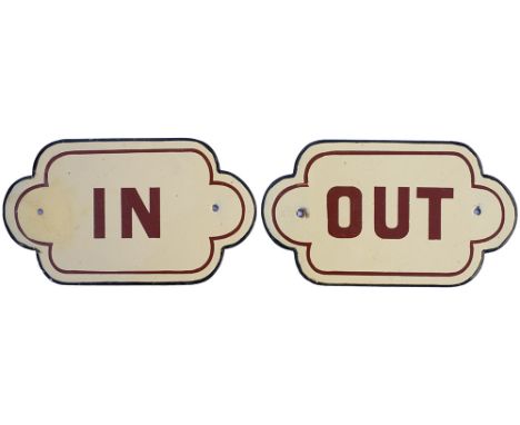 North Eastern Railway enamel doorplates IN and OUT as used in booking halls. Both in very good condition with some well execu
