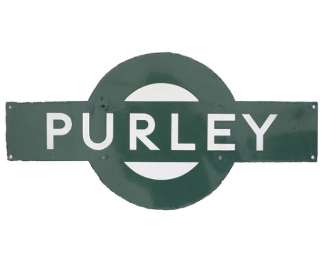 Southern Railway enamel target station sign PURLEY from the former London Brighton and South Coast Railway station between Cr