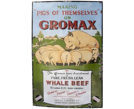 Advertising enamel sign MAKING PIGS OF THEMSELVES ON GROMAX PURE FRESH LEAN WHALE BEEF measuring 45in x 30in. In very good co