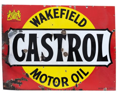 Motoring enamel sign WAKEFIELD CASTROL MOTOR OIL. Measures 48in x 36in and is in good condition with some chipping.