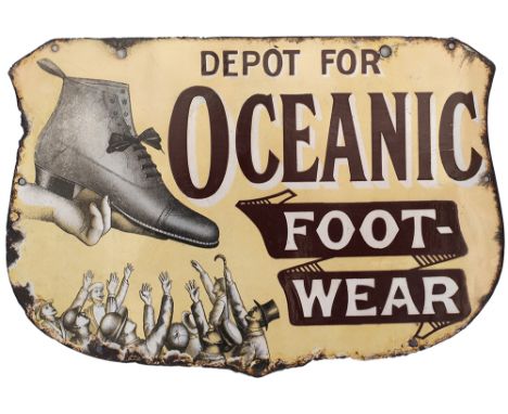 Advertising enamel sign DEPOT FOR OCEANIC FOOTWEAR measuring 18.75in x 13in. In very good condition with a couple of areas of