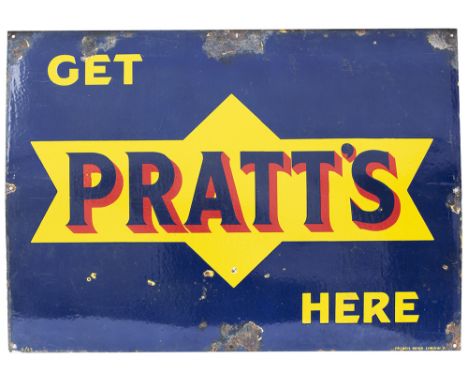 Motoring enamel sign GET PRATT'S HERE. Measures 42in x 30in and is in very good condition with minor chipping.