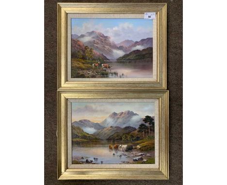 Wendy Reeves (British, 20th century), 'Highland Cattle' and 'Highland Stags', oil on board, signed, 29x22cm, framed (2) Tudor