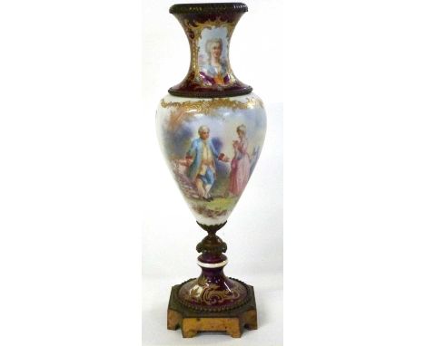 A continental porcelain vase probably Paris, decorated with a couple in garden setting with landscape verso, late 19th Centur