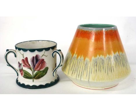 A Shelley vase with streaked design together with a small Wemyss ware tyg with floral designs, largest 15cm diameter