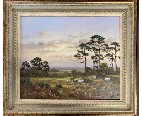 Wendy Reeves (British 20th century), Breckland Pines (with sheep), oil on canvas (relined) signed, 59x49.5cm, framed. Tudor G