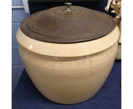 A large ceramic bread bin with metal cover marked Improved Bread Pan by Doulton &amp; Co, Lambeth, 39cm high