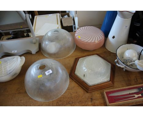 A pair of ribbed glass light fittings and two others 