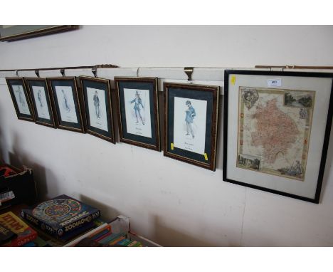 A map of Warwickshire and six Charles Dickens character prints