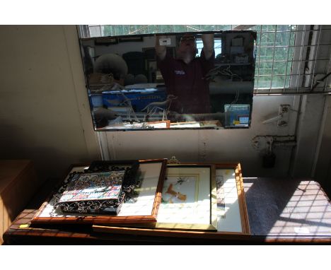 An Art Deco frameless bevel edge wall mirror with etched decoration; a print of Sir Richard Rainsford; a tile depicting The L