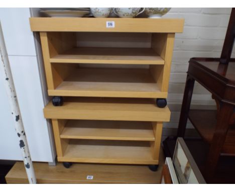 Pair of light beech finish 3 tier lamp tables on casters