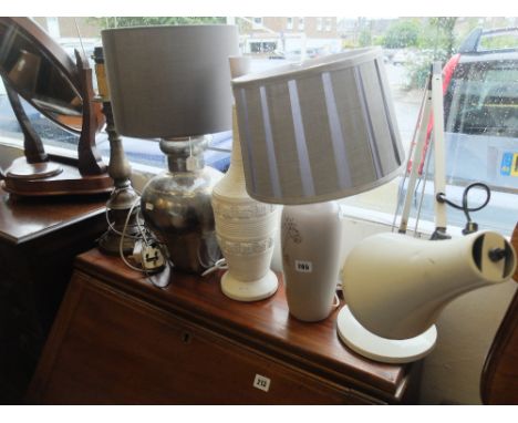 Four assorted table lamps and an angle poise lamp