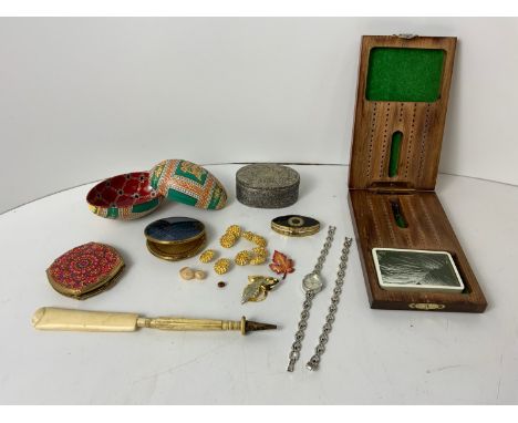 Powder Compacts, Cribbage Game, Watch and Matching Bracelet 