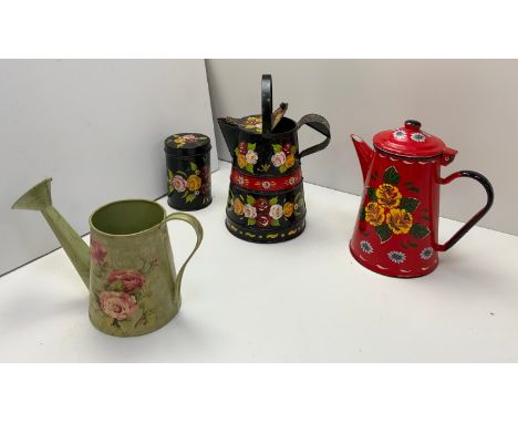 Canal Ware Lidded Jug and Tin, Decorative Enamel Jug, Watering Can 