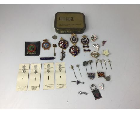 Tin and Contents - Enamelled Badges, Stick Pins etc 