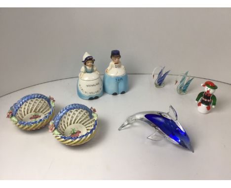 Ceramic Jam and Marmalade Pot, Pair of Lattice Baskets, Glass Dolphin, Swans and Snowman 