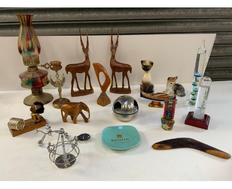 Carved Wooden Animals, Oil Lamp, Ashtrays, Cat Ornaments, Galileo Thermometer  etc 