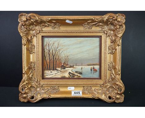 R Moleveld (Dutch 20th century) Oil on Panel of Dutch Ice Skating Figures on Lake, signed lower left, 15cm x 21cm, gilt frame