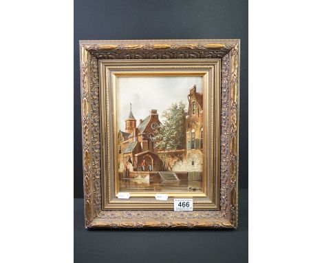 M Schreuder (Dutch 20th century) Oil on Panel of Dutch Townscape with River, signed lower right, 23cm x 17cm, gilt framed 