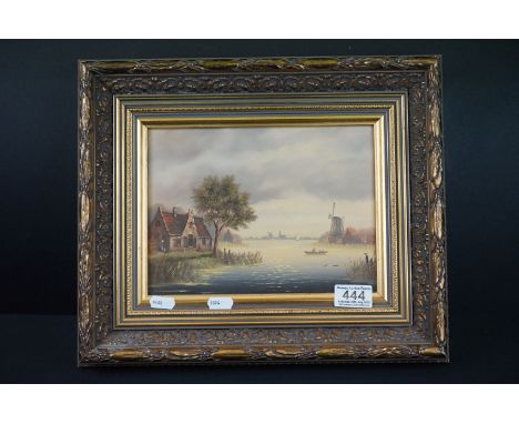 L Schesveld (Dutch 20th century) Oil on Panel of Dutch Lake scene with Windmills, signed lower right, 23cm x 17cm, gilt frame