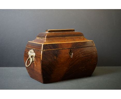 Regency Rosewood Tea Caddy of Bombe form, the hinged lid opening to two lidded compartments, brass ringed handles to side, 21