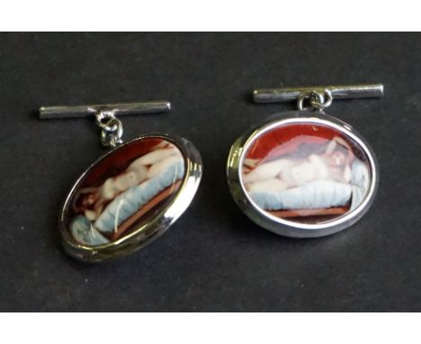 Pair of silver and enamel cufflinks with nude pictorial image 