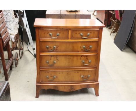 Reproduction George III Yew Wood Bow Front Chest of Two Short over Three Long Drawers, raised on swept bracket feet, 82cm hig