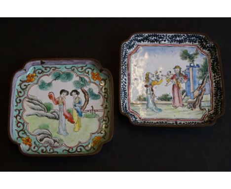 Pair of Chinese Square Enamel on Copper Pin Trays decorated with figures, 10cm wide 