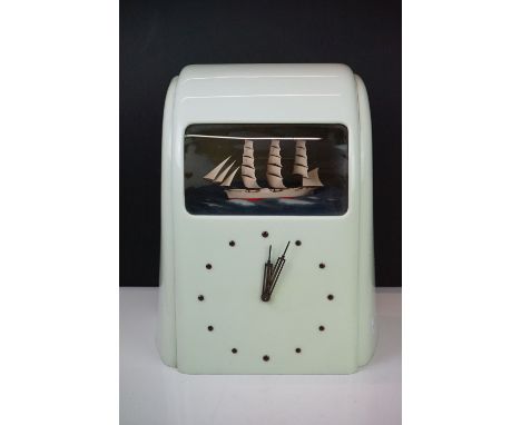 Art Deco ' Vitascope Industries Ltd ' Pale Green Bakelite Cased Electric Clock with Diorama Ship Automaton, 32cm high 