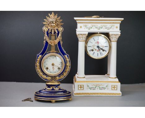 Victoria &amp; Albert Museum reproduction 'Marie-Antoinette' lyre clock, with cobalt blue porcelain case and gilt accents, 38