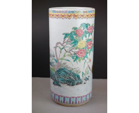 Chinese Famille Rose Ceramic Stick Stand decorated with Cranes amongst Flowers, 46cm high 